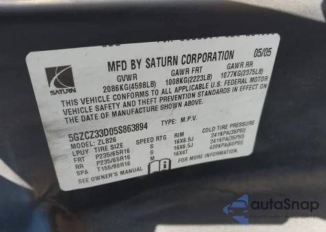 2005 Saturn Vue 4 Cyl z USA, uszkodzony, nr VIN 5GZCZ33D05S863894